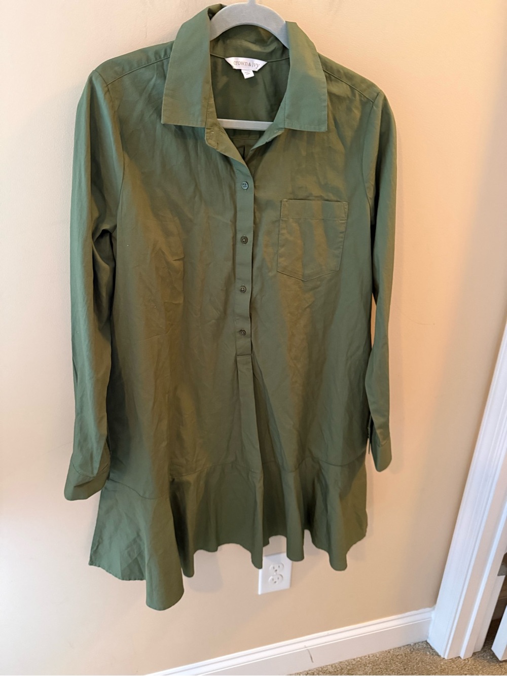 Crown Ivy Flounce Shirtdress cotton long sleeve  army green size M